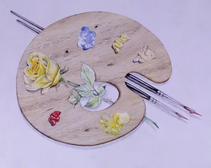 Framed Print : Artists palette with paint, brushes and yellow rose Framed Print : Artists palette with paint, brushes and yellow rose