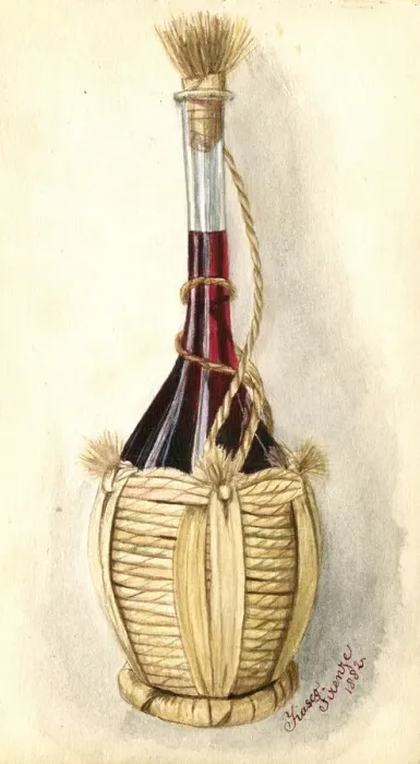 Framed Print : Artwork by Florence Auerbach, flask of red wine Framed Print : Artwork by Florence Auerbach, flask of red wine