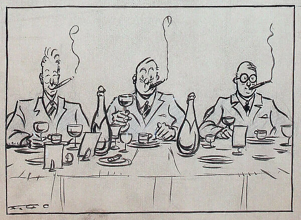 Artwork, three men dining at a table