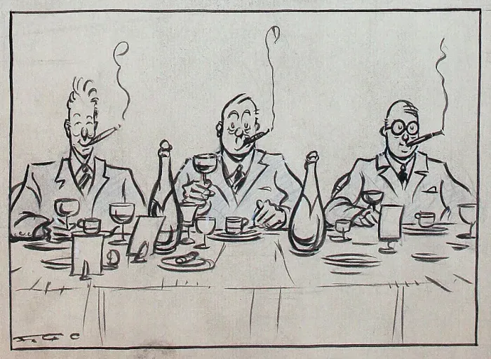 Framed Print : Artwork, three men dining at a table Framed Print : Artwork, three men dining at a table