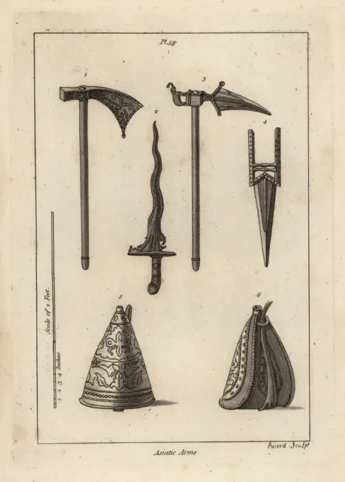 Framed Print : Asian battle axe, dagger, cresse and powder flask Framed Print : Asian battle axe, dagger, cresse and powder flask