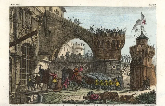 Framed Print : Assault with tower and testudo on a medieval Framed Print : Assault with tower and testudo on a medieval