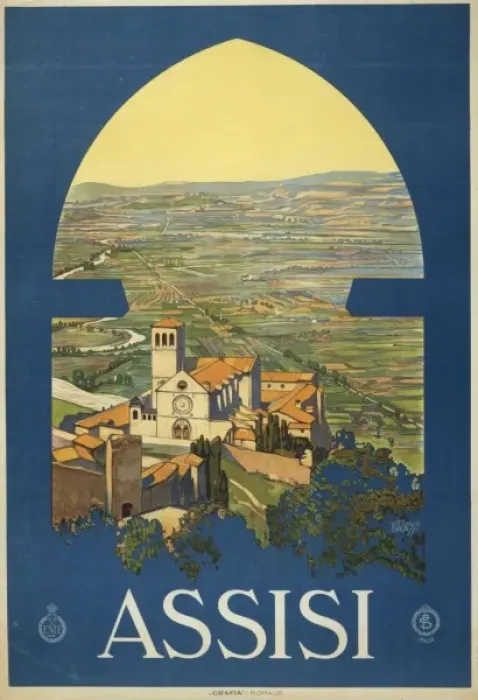 Framed Print : Assisi. Poster showing Assisi and the countryside as if from a window in a tower Framed Print : Assisi. Poster showing Assisi and the countryside as if from a window in a tower