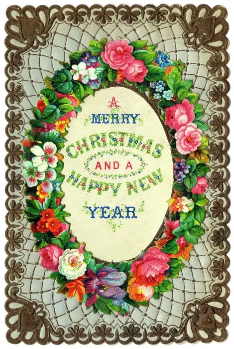 Framed Print : Assorted flowers on a Christmas and New Year card, with a decorative gold and white border. Date: circa 1890s Framed Print : Assorted flowers on a Christmas and New Year card, with a decorative gold and white border. Date: circa 1890s