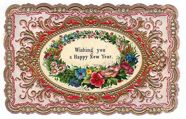 Assorted flowers on an ornate New Year card