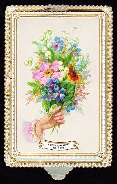 Assorted flowers on a Polish birthday card