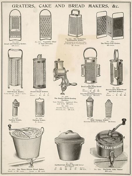 An assortment of graters, cake and breadmakers
