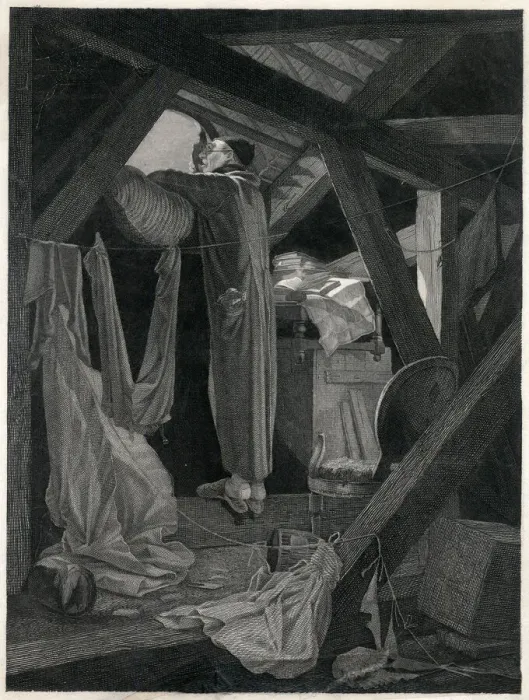Framed Print : Astronomer looking at the sky from an attic room Framed Print : Astronomer looking at the sky from an attic room