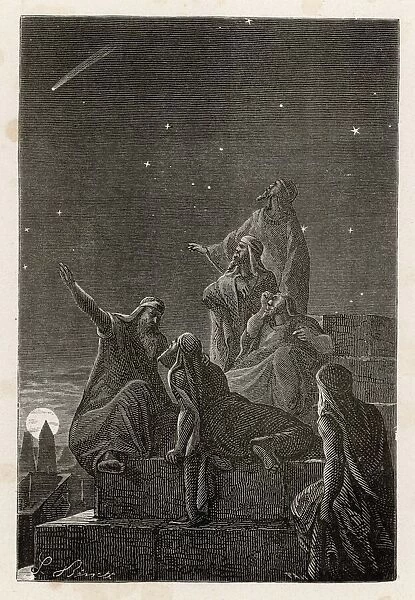 Astronomer-priests of Chaldea observe stars from the Tower of Babylon (Babel)