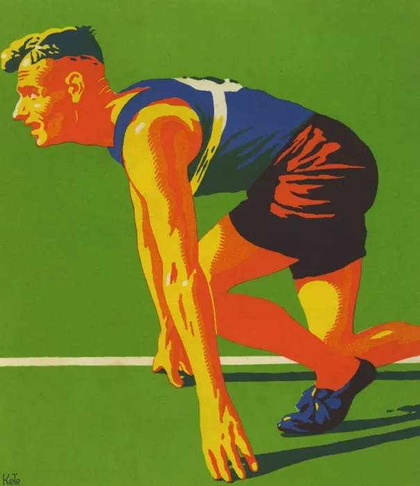 Framed Print : Athlete. Male athlete preparing for start of running race. Date: 1936 Framed Print : Athlete. Male athlete preparing for start of running race. Date: 1936