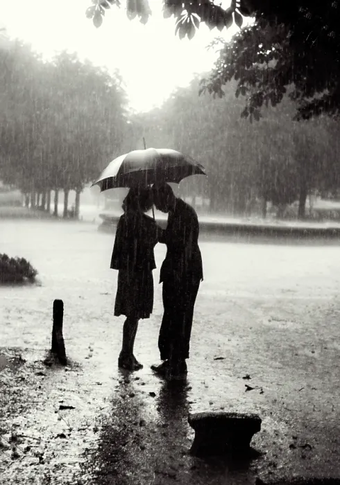 Framed Print : Atmospheric shot of young female-male couple under umbrella in rain in park, heads inclined to each other; has romantic feel Date: early 1950s Framed Print : Atmospheric shot of young female-male couple under umbrella in rain in park, heads inclined to each other; has romantic feel Date: early 1950s