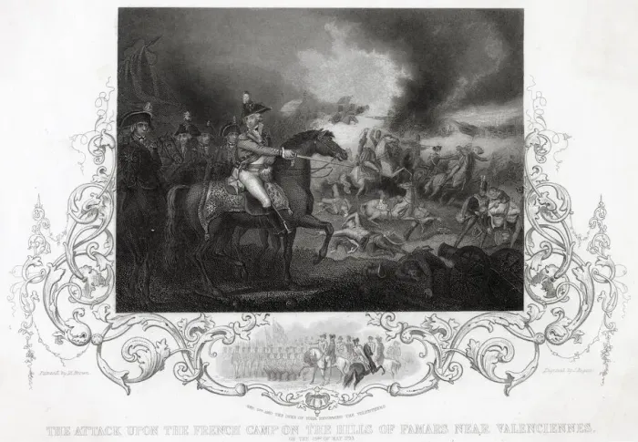 Framed Print : The attack upon the French camp near Valenciennes Date: 23 May 1793 Framed Print : The attack upon the French camp near Valenciennes Date: 23 May 1793