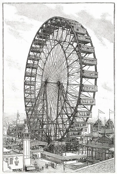 Attraction at the Chicago's World's Fair, designed and built by George Washington Gale Ferris Jr. The ferris wheel named the Chicago Wheel, had thirty-six pendulum cars, each seating forty passengers, carrying 1, 440 people at its height