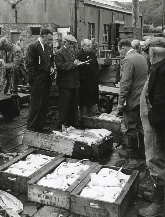 Framed Print : Auctioneering fish at a quayside market, an early morning scene at Oban, Argyllshire, Scotland. Date: 1950s Framed Print : Auctioneering fish at a quayside market, an early morning scene at Oban, Argyllshire, Scotland. Date: 1950s