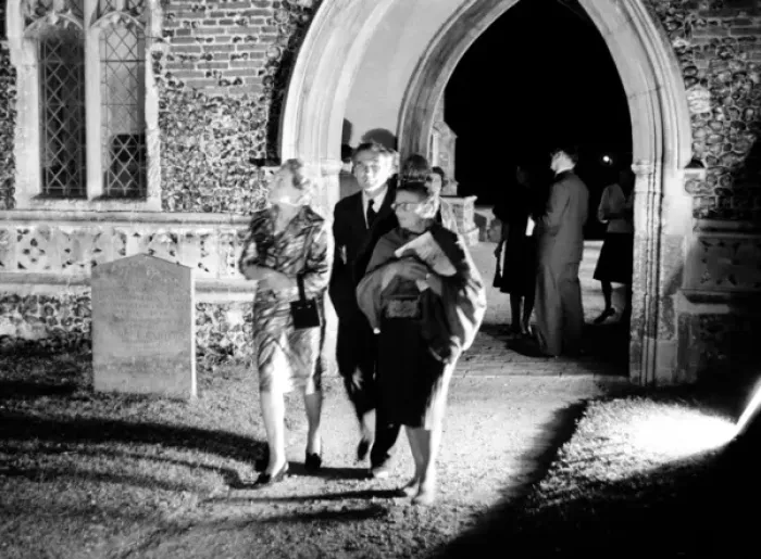 Framed Print : Audience leaving Aldeburgh Festival concert 1961 Framed Print : Audience leaving Aldeburgh Festival concert 1961