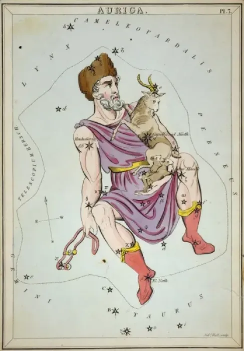 Framed Print : Auriga. Astronomical chart showing Auriga the Charioteer holding a ram, two ewes Framed Print : Auriga. Astronomical chart showing Auriga the Charioteer holding a ram, two ewes