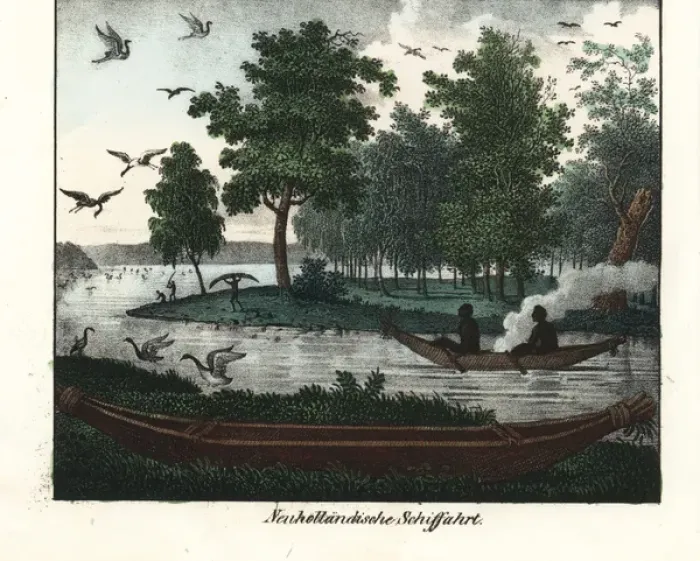 Framed Print : Australian aborigines paddling a canoe, others Framed Print : Australian aborigines paddling a canoe, others