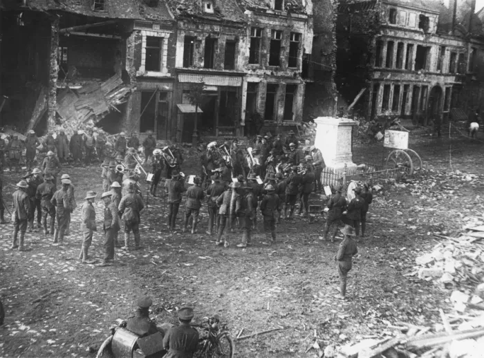 Framed Print : Australian band playing in square, Bapaume, France, WW1