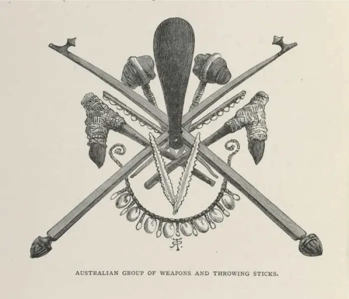 Framed Print : Australian group of weapons and throwing sticks illustrati Framed Print : Australian group of weapons and throwing sticks illustrati