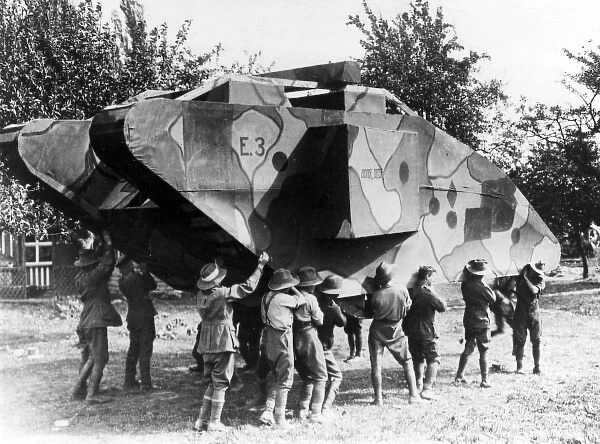 Australian soldiers with dummy tank, Le Catelet, WW1