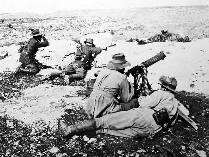 Framed Print : Australian soldiers firing a machine gun during WWI Framed Print : Australian soldiers firing a machine gun during WWI