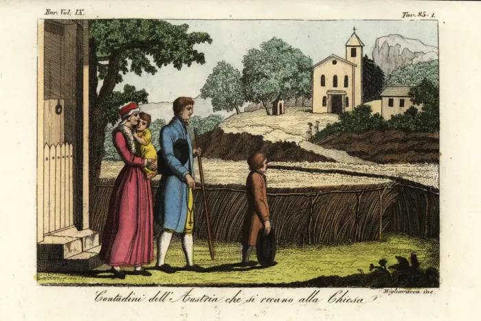Framed Print : Austrian farmers on their way to church, 18th century Framed Print : Austrian farmers on their way to church, 18th century
