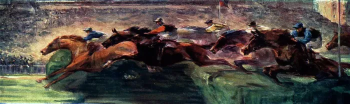 Framed Print : Auteuil. Oil painting showing a bunch of racehorses jumping over an obstacle Framed Print : Auteuil. Oil painting showing a bunch of racehorses jumping over an obstacle