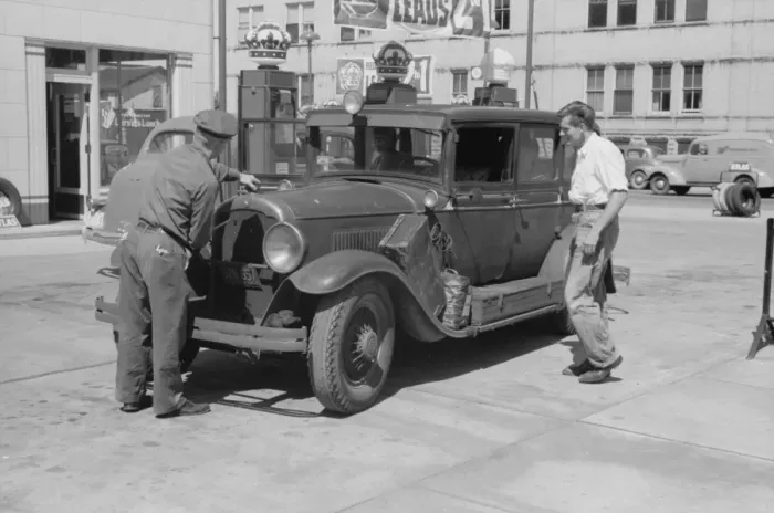 Framed Print : Auto of migrant fruit worker at gas station, Sturgeon Bay, W Framed Print : Auto of migrant fruit worker at gas station, Sturgeon Bay, W