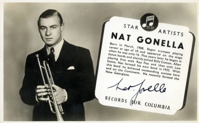 Framed Print : Autographed promotional postcard for Star Artist recording star Nat Gonella - a