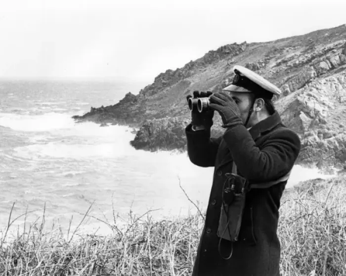 Framed Print : Auxiliary coastguard with binoculars, West Country Framed Print : Auxiliary coastguard with binoculars, West Country