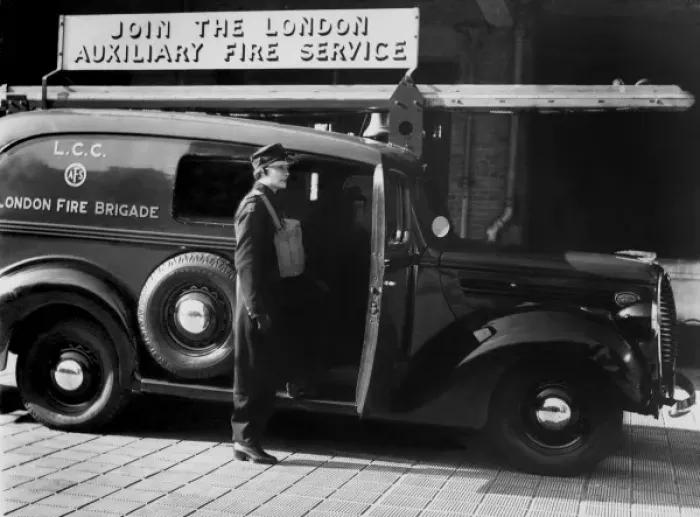 Framed Print : Auxiliary Fire Service member with van, WW2 Framed Print : Auxiliary Fire Service member with van, WW2