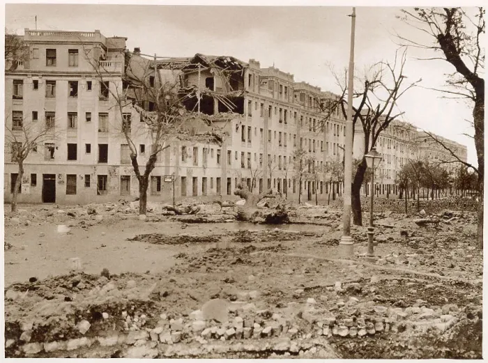 Framed Print : An avenue in the West of Madrid after bombardment by the Nationalist airforce and artillery, November 1936. A barricade made of cobbles and bricks can be seen on the right of the photograph Framed Print : An avenue in the West of Madrid after bombardment by the Nationalist airforce and artillery, November 1936. A barricade made of cobbles and bricks can be seen on the right of the photograph