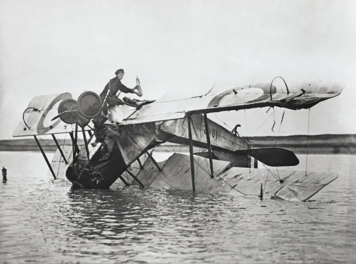 Framed Print : Avro 504B. Crashed Royal Flying Corp Avro 504B Upide-Down in Water with Framed Print : Avro 504B. Crashed Royal Flying Corp Avro 504B Upide-Down in Water with