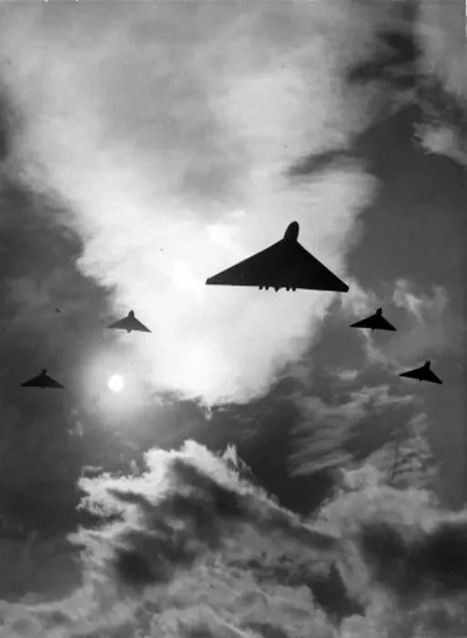 Framed Print : Avro Vulcan prototype escorted by four Avro 707s Framed Print : Avro Vulcan prototype escorted by four Avro 707s