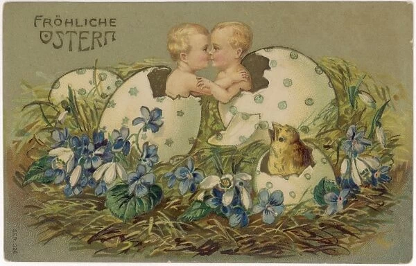 Two babies and a chick hatching out of Easter eggs
