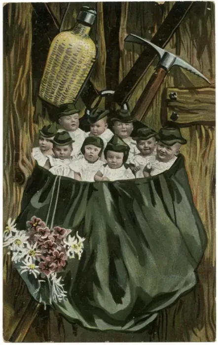 Framed Print : Babies in a large bag with flowers Framed Print : Babies in a large bag with flowers