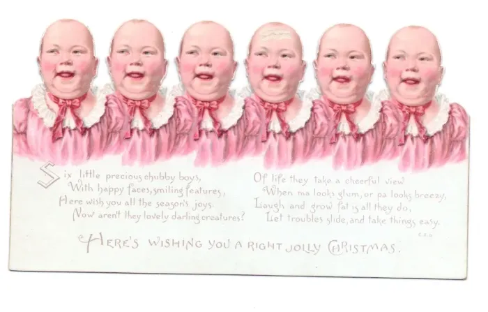 Framed Print : Six babies in pink on a cutout Christmas card Framed Print : Six babies in pink on a cutout Christmas card