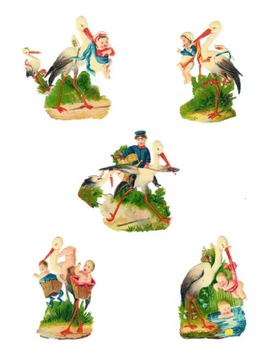 Framed Print : Babies and storks on five Victorian scraps Framed Print : Babies and storks on five Victorian scraps