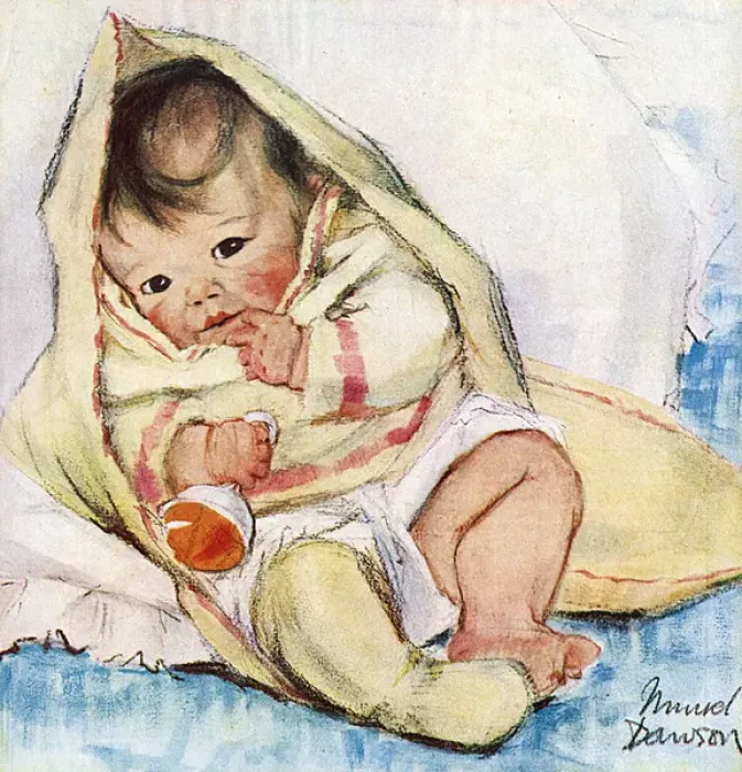 Framed Print : Baby in a blanket by Muriel Dawson Framed Print : Baby in a blanket by Muriel Dawson