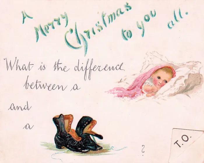 Framed Print : Baby and boots puzzle on a Christmas card Framed Print : Baby and boots puzzle on a Christmas card