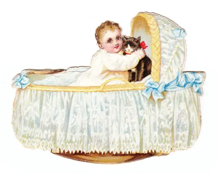 Framed Print : Baby and cat in a cradle on a cutout greetings card Framed Print : Baby and cat in a cradle on a cutout greetings card