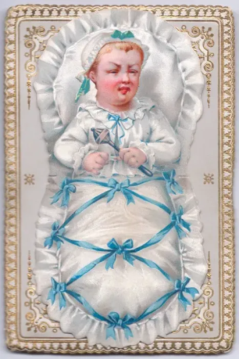 Framed Print : Baby in a cot on an audible greetings card Framed Print : Baby in a cot on an audible greetings card
