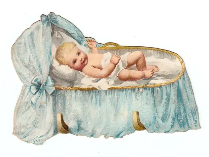 Framed Print : Baby in a cradle on a cutout greetings card Framed Print : Baby in a cradle on a cutout greetings card