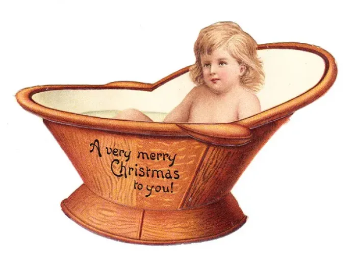 Framed Print : Baby in a hip bath on a cutout Christmas card Framed Print : Baby in a hip bath on a cutout Christmas card