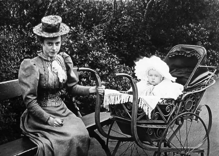 Framed Print : Baby in pram with nanny or nursemaid Framed Print : Baby in pram with nanny or nursemaid