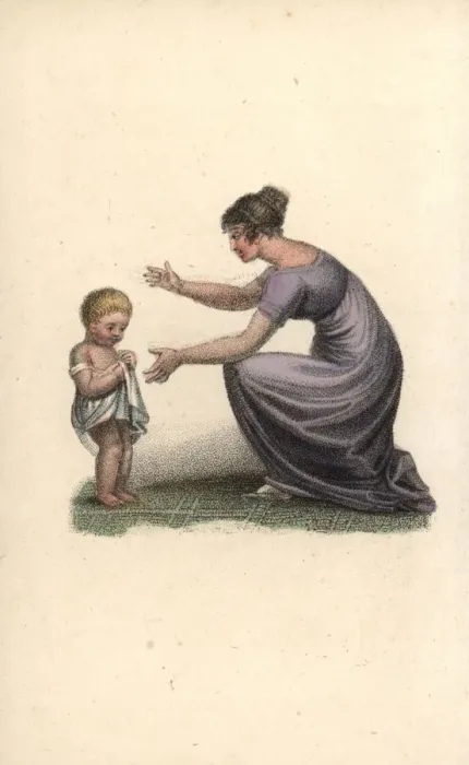 Framed Print : Baby taking its first step with mother Framed Print : Baby taking its first step with mother