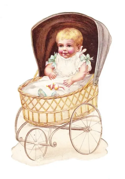 Framed Print : Baby in wickerwork pram on a cutout greetings card Framed Print : Baby in wickerwork pram on a cutout greetings card