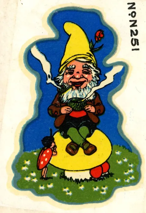 Framed Print : Babys cot transfer, Gnome sitting on a toadstool Framed Print : Babys cot transfer, Gnome sitting on a toadstool