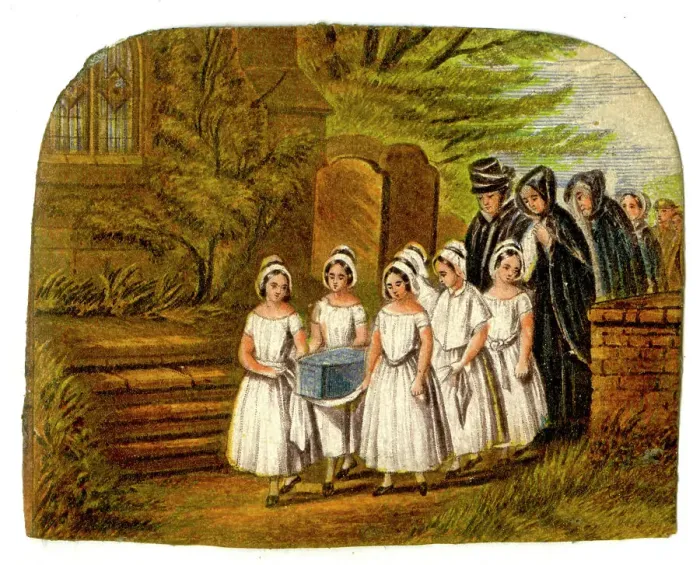 Framed Print : Baby's funeral coffin carried by young girls in white