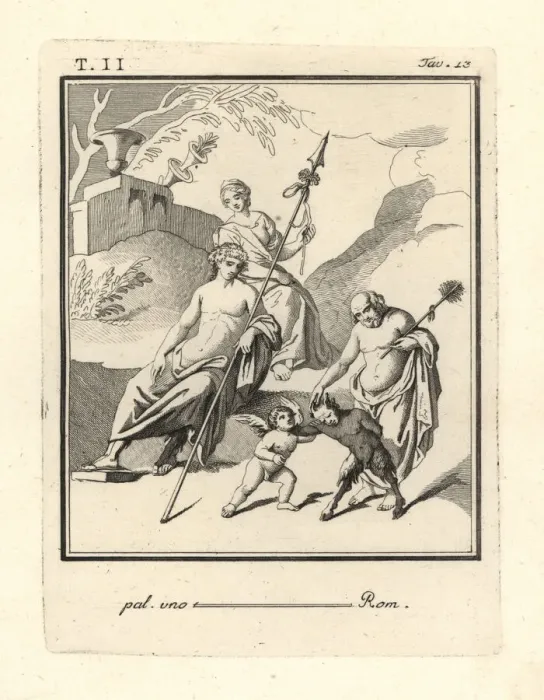 Framed Print : Bacchus watching a fight between Cupid and a satyr Framed Print : Bacchus watching a fight between Cupid and a satyr